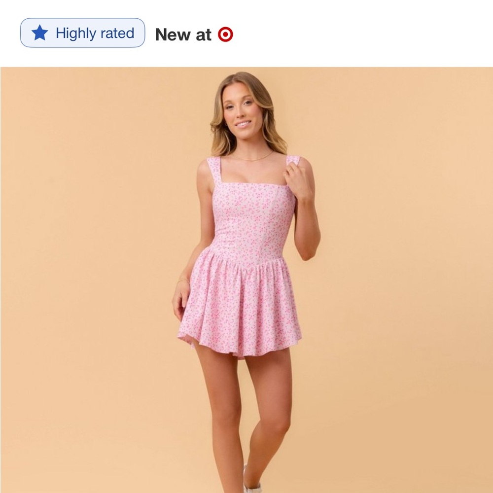 Pink Floral Square-Neck Skater Dress